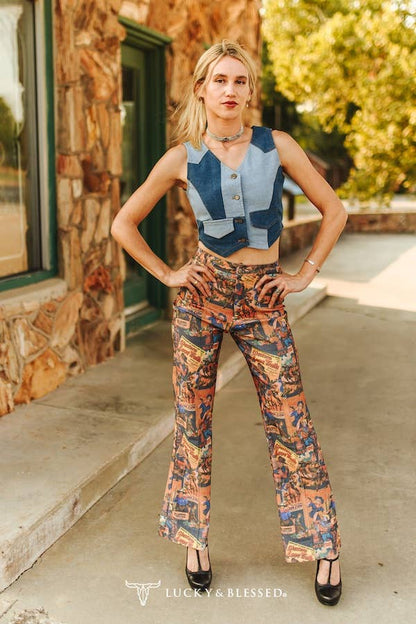 Collage Printed Stretch Front Crease Detail Pants