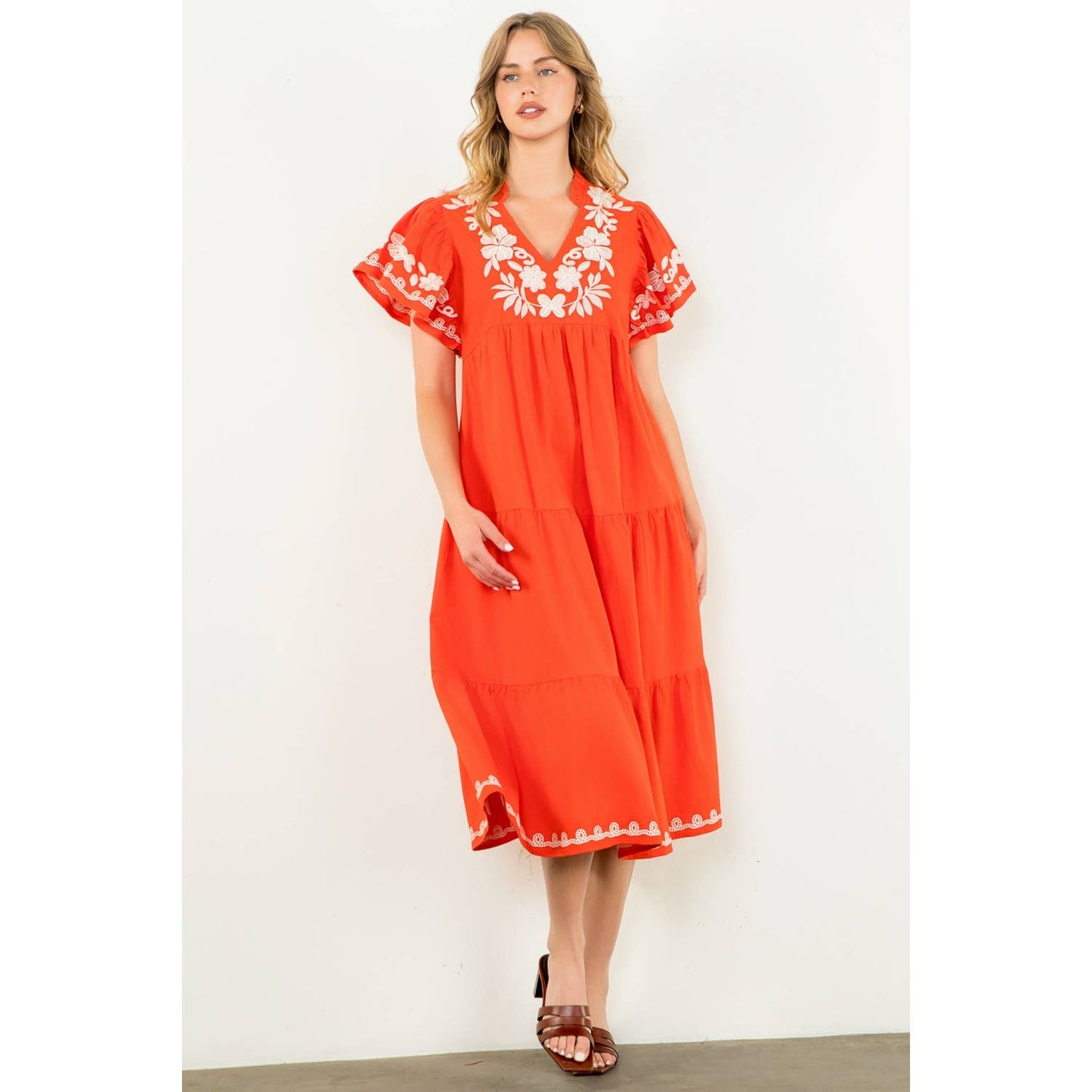 Flutter Sleeve Embroidered Dress