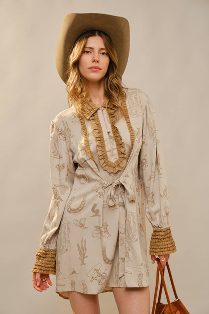 Western Graphic Ruffle Tie Waist Mini Dress