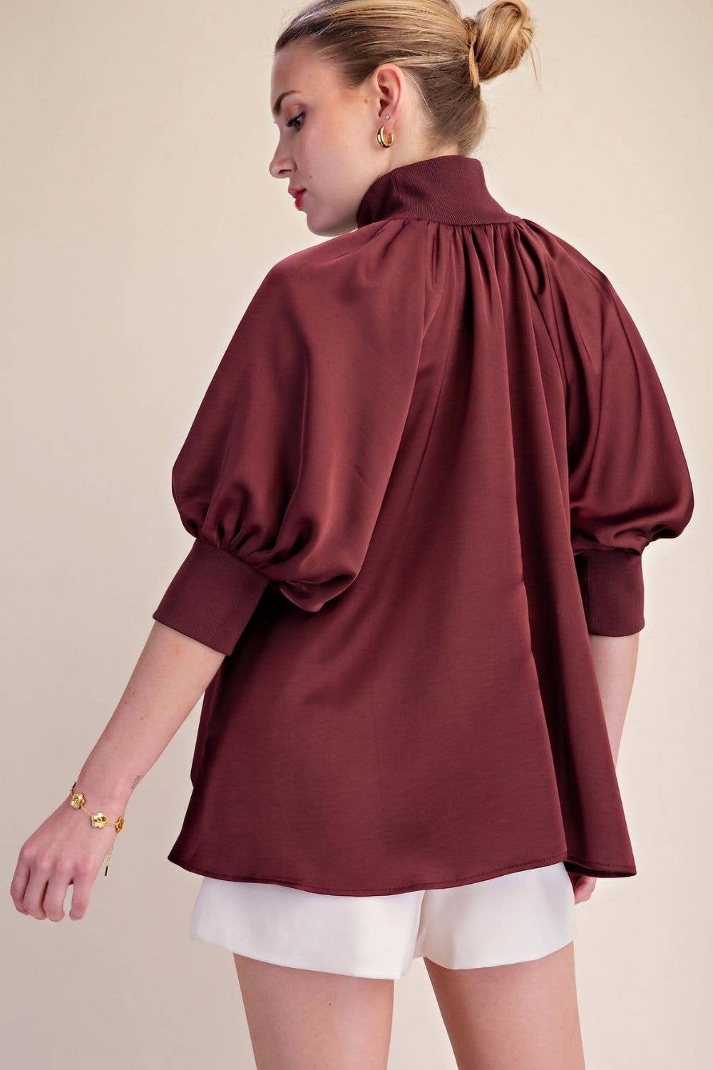 Mock Neck Half Zip Puff Sleeve Blouse