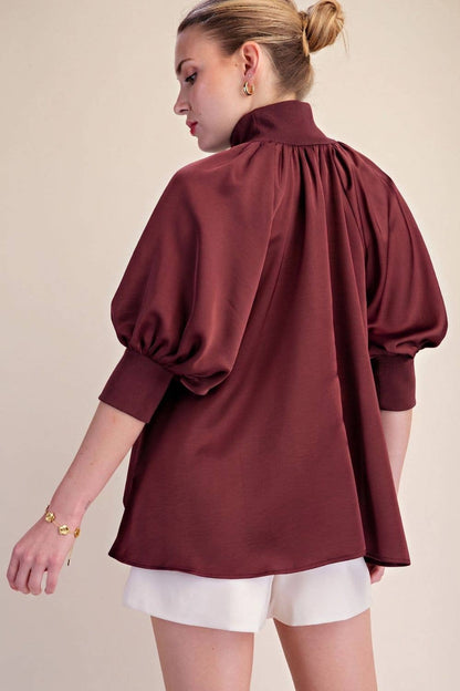 Mock Neck Half Zip Puff Sleeve Blouse