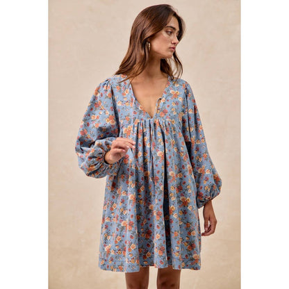 Washed Floral Denim Front Tied Dress