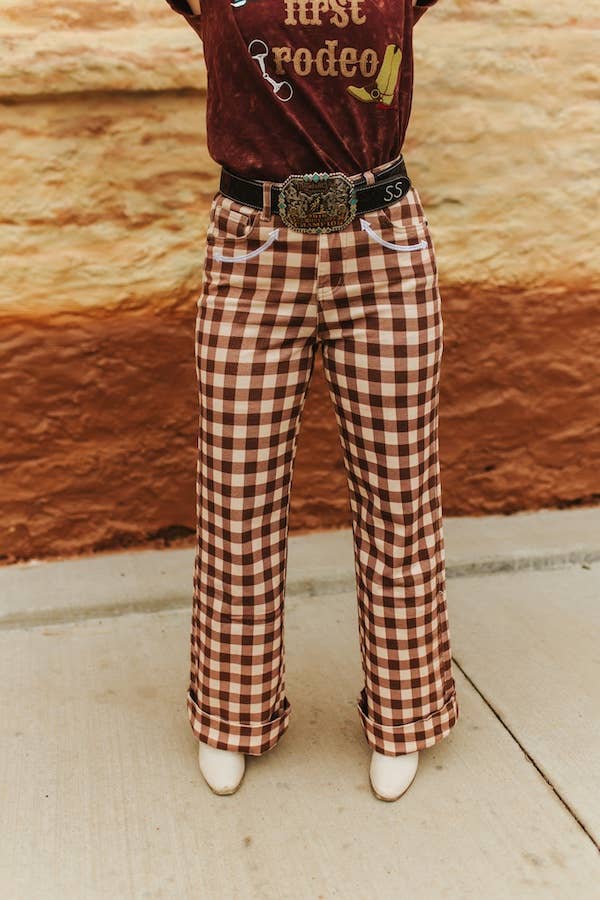  LUCKY & BLESSED Brown Plaid Western Arrow Pocket Jeans