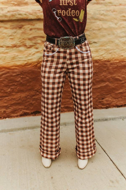  LUCKY & BLESSED Brown Plaid Western Arrow Pocket Jeans