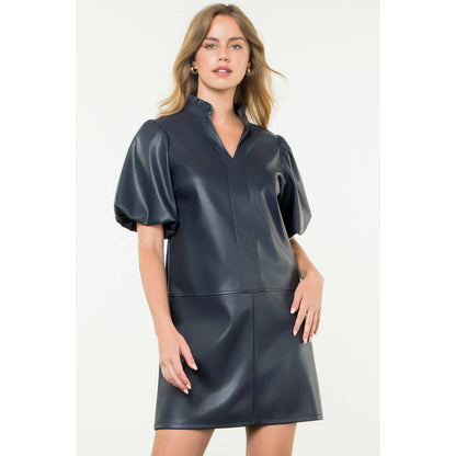 THML Navy Puff Sleeve Leather Dress