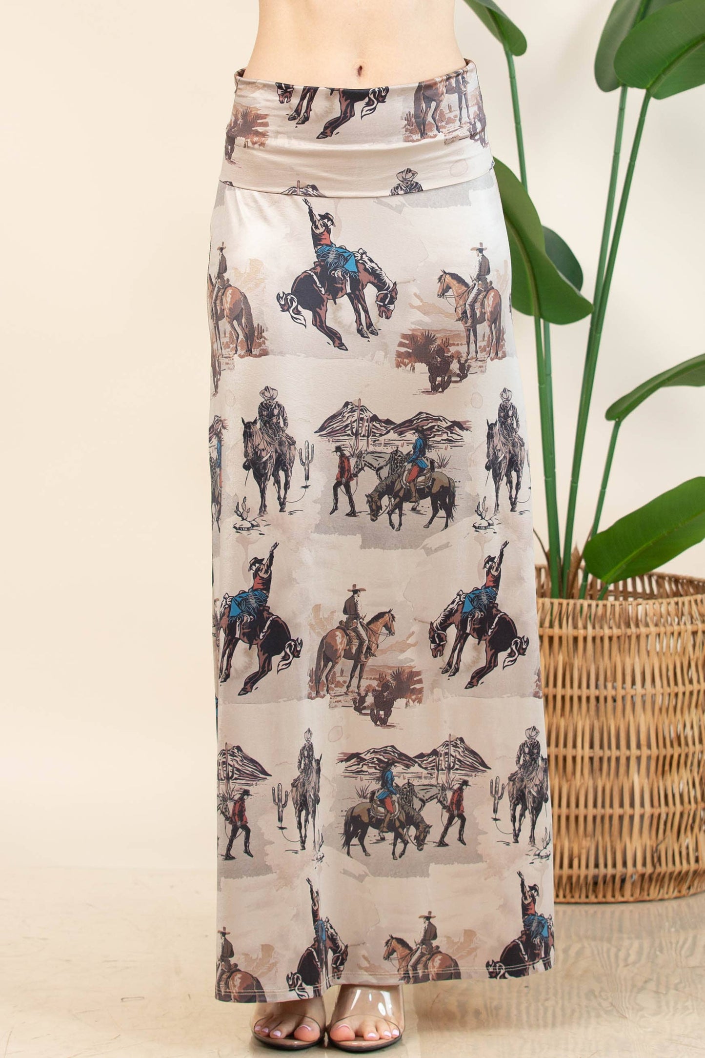 Anina Western Cowboy Print A-Line Full Knit Skirt