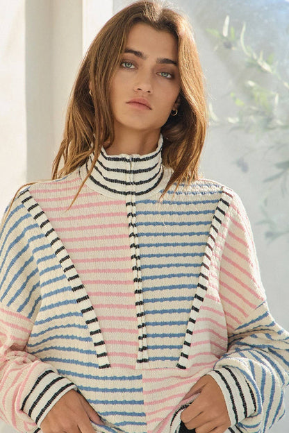 Oversized Funnel-Neck Half Zip Striped Top