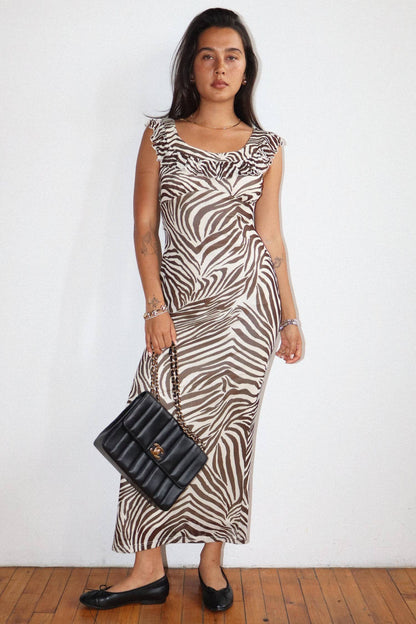 Zebra Print Ruffle Trim Maxi Dress
