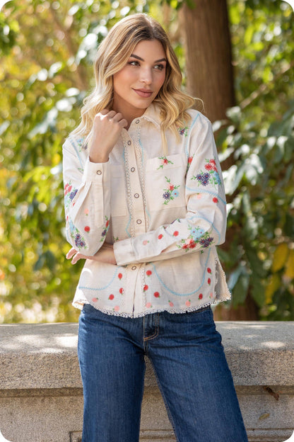 Flower Embroidery Long Sleeve Linen Shirt