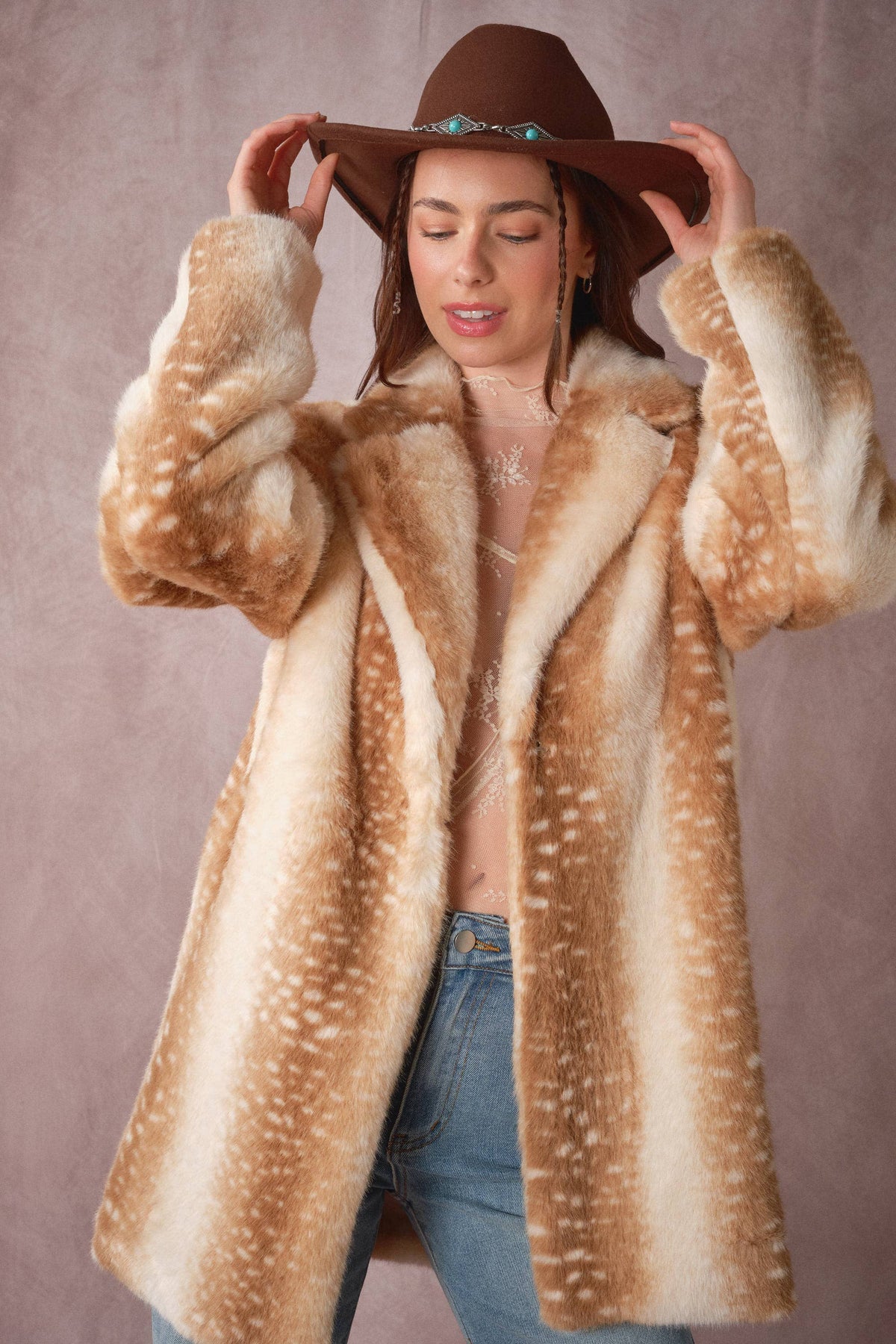 Blue B Deer Print Faux Fur Coat