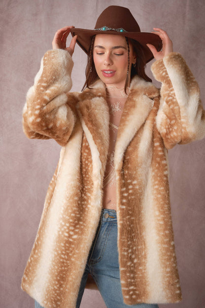 Blue B Deer Print Faux Fur Coat