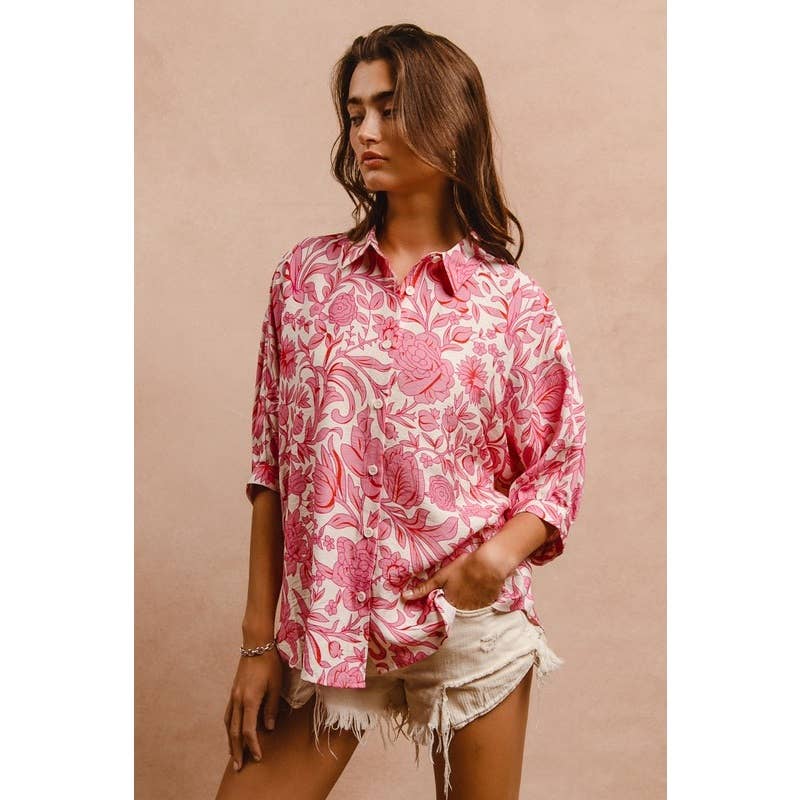 FLORAL PRINT SHORT DOLMAN SLEEVES BLOUSE