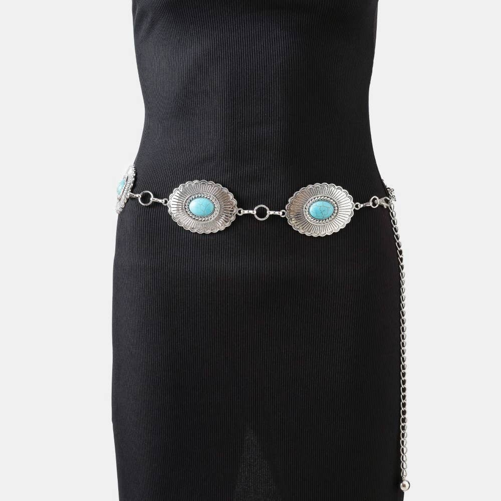 Oval Turquoise Stone Western Style Concho Chain Belt