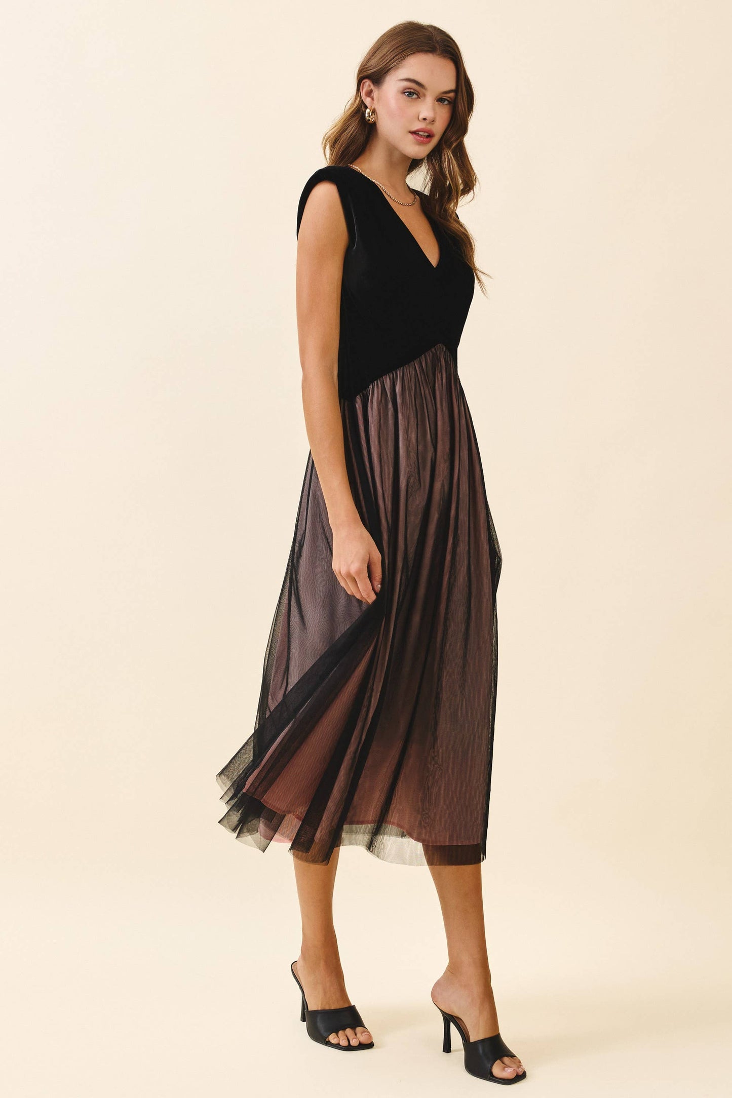 Velvet Fitted Bodice Padded Shoulder Midi Dress