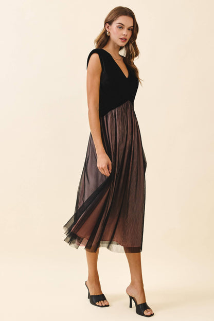 Velvet Fitted Bodice Padded Shoulder Midi Dress