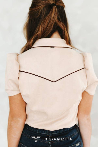 Beige Suede Contrast Arrow Pearl Snap Puff Sleeve Top