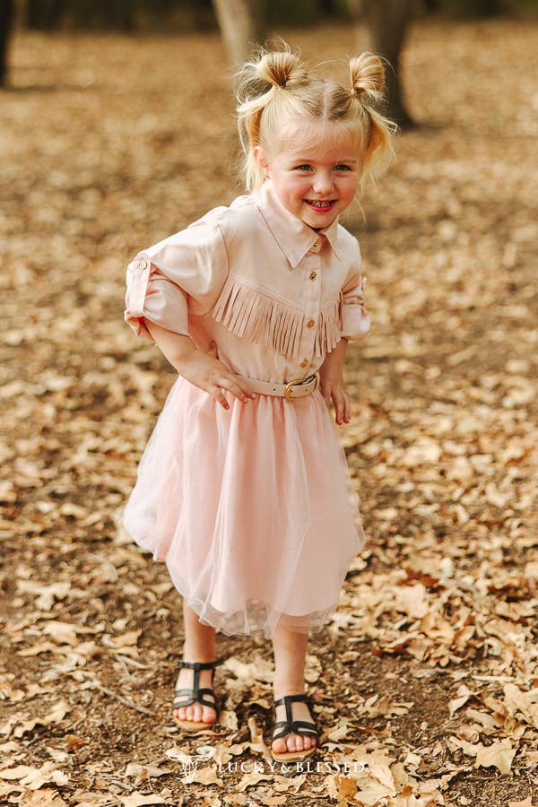 LUCKY & BLESSES Girl's Pink Fringe Tulle Dress