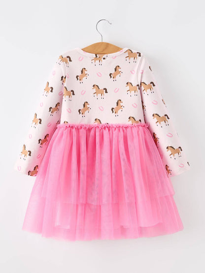 Girl's Western Horse Print Tulle Ruffle Dress