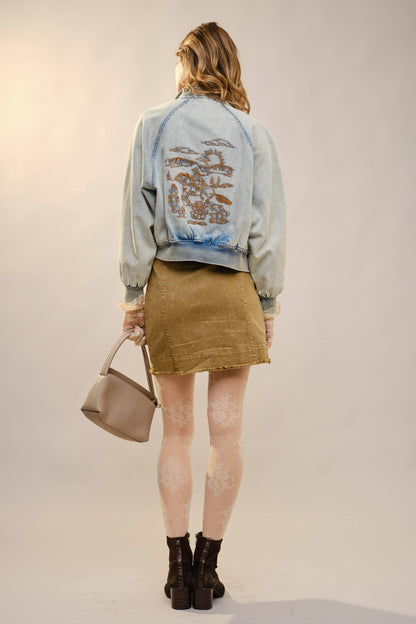 Western Embroidered Denim Bomber Jacket