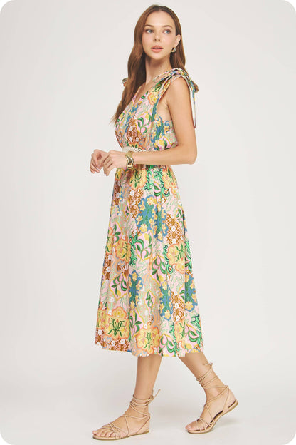 Garden Party Tie Shoulder Crochet Waist Midi Dress
