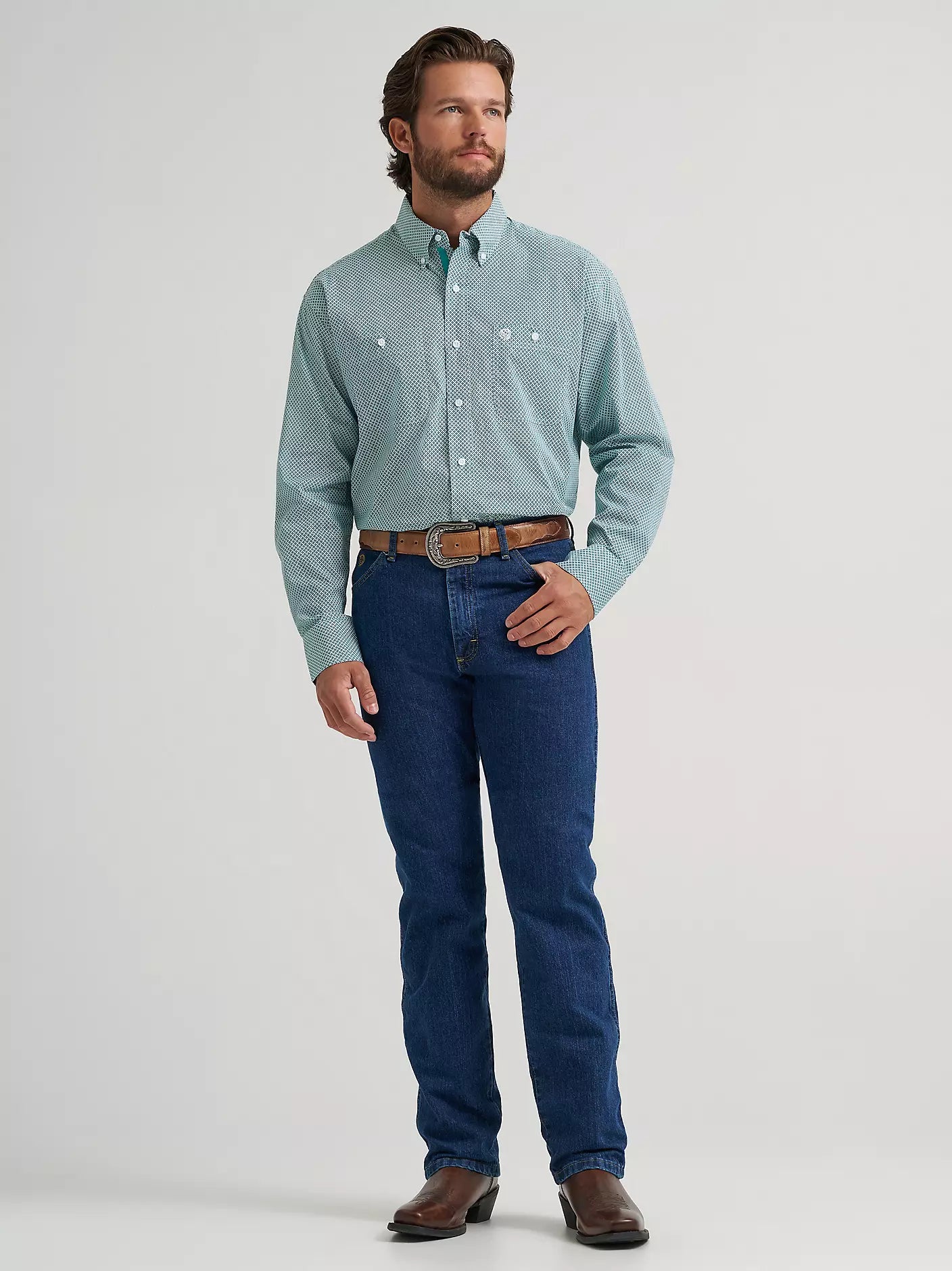 Wrangler® George Strait™ Aqua Cross Long Sleeve Button Down Two Pocket Shirt