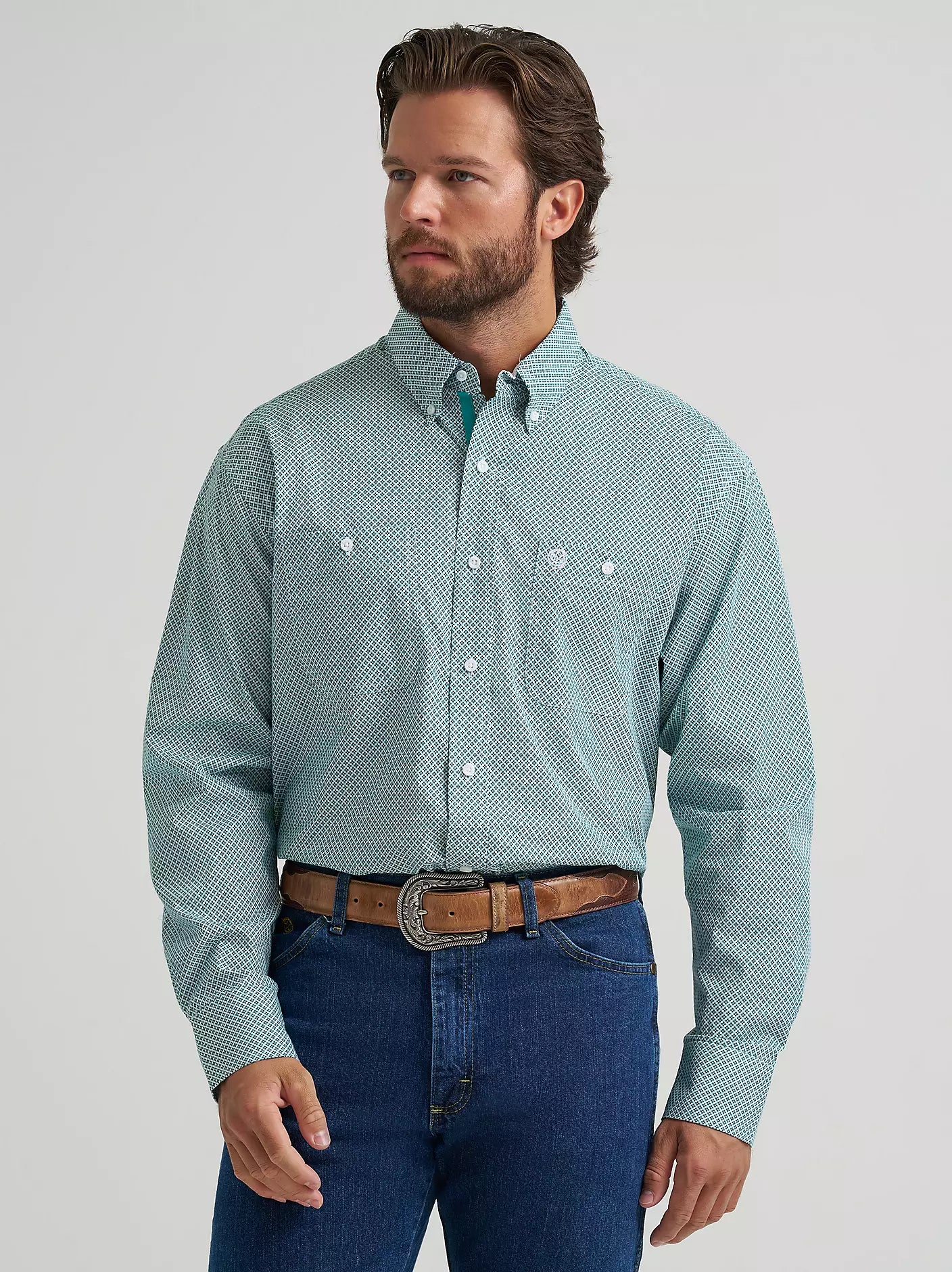 Wrangler® George Strait™ Aqua Cross Long Sleeve Button Down Two Pocket Shirt