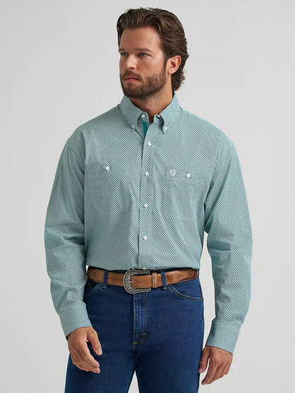 Wrangler® George Strait™ Aqua Cross Long Sleeve Button Down Two Pocket Shirt