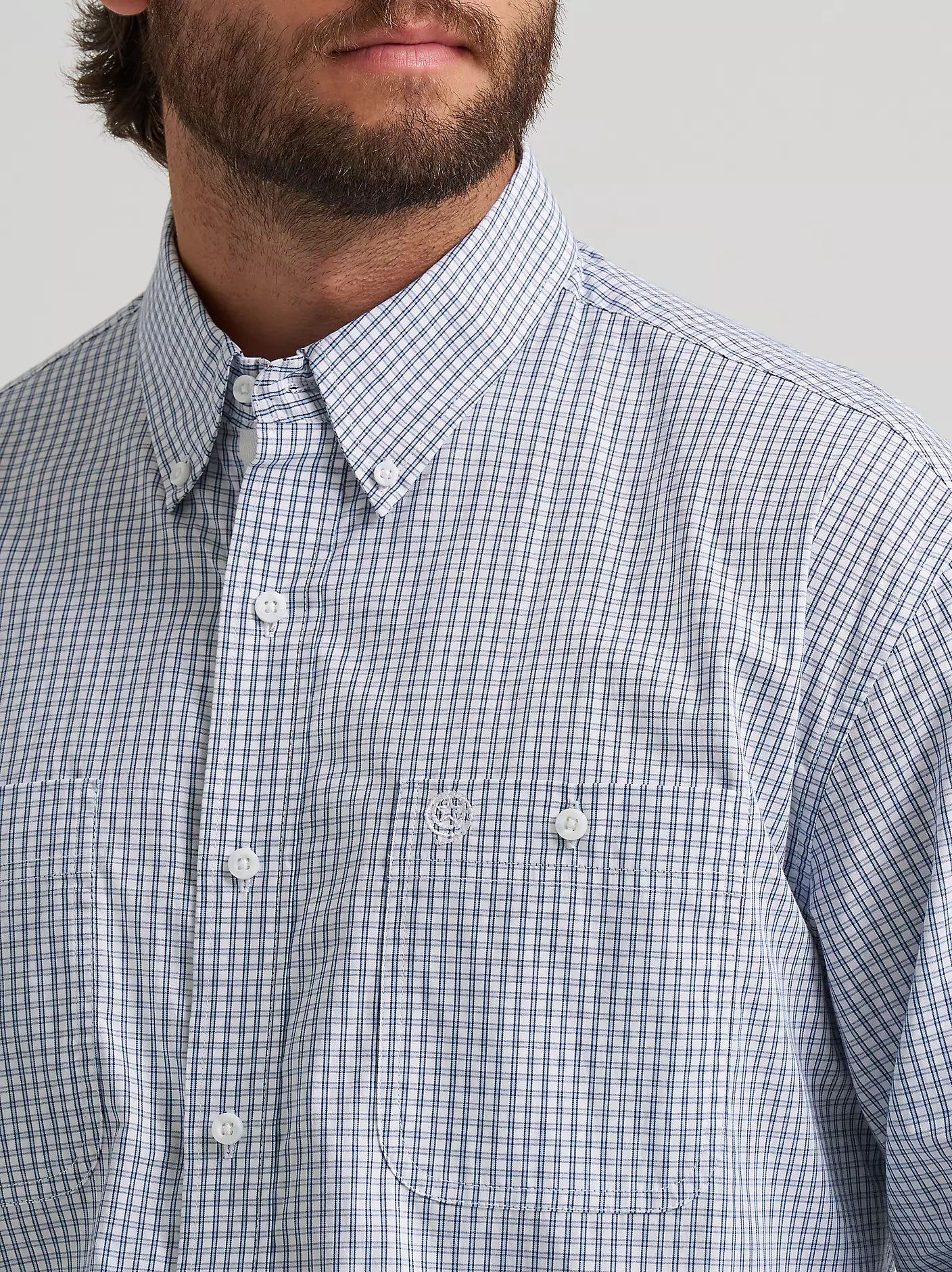 Wrangler® George Strait™ Baby Blue Check Long Sleeve Button Down Two Pocket Shirt