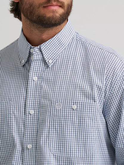 Wrangler® George Strait™ Baby Blue Check Long Sleeve Button Down Two Pocket Shirt