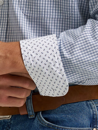Wrangler® George Strait™ Baby Blue Check Long Sleeve Button Down Two Pocket Shirt