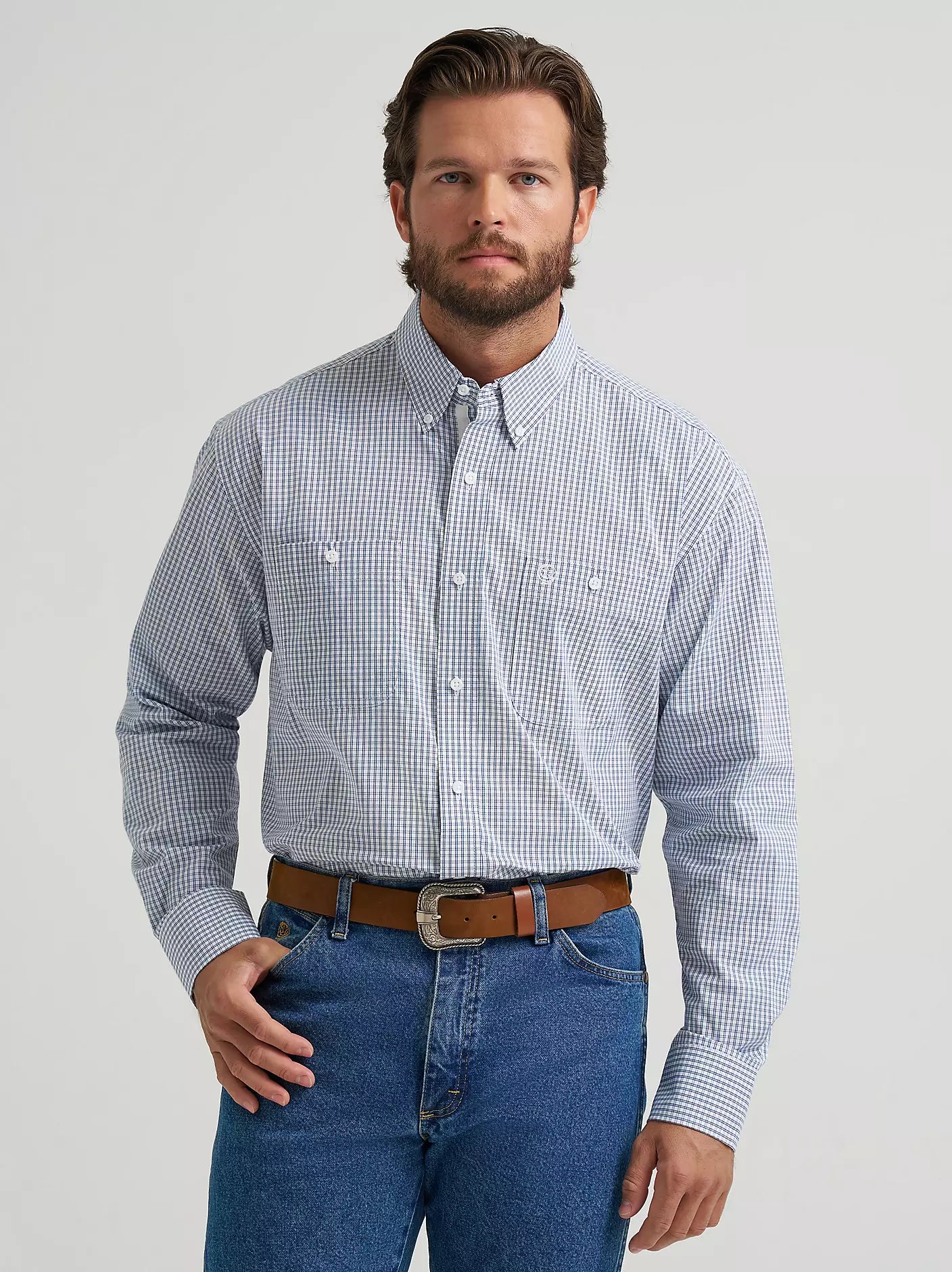Wrangler® George Strait™ Baby Blue Check Long Sleeve Button Down Two Pocket Shirt