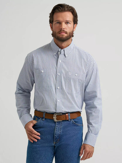Wrangler® George Strait™ Baby Blue Check Long Sleeve Button Down Two Pocket Shirt