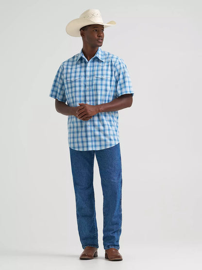 Wrangler Seaside Blue Wrinkle Resist Short Sleeve Western Snap Plaid Shirt