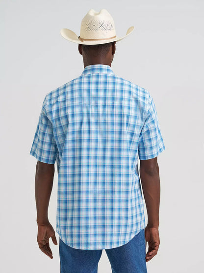Wrangler Seaside Blue Wrinkle Resist Short Sleeve Western Snap Plaid Shirt