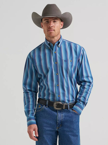 Wrangler® Blue Ombre Stripe George Strait™ Long Sleeve Button Down One Pocket Shirt