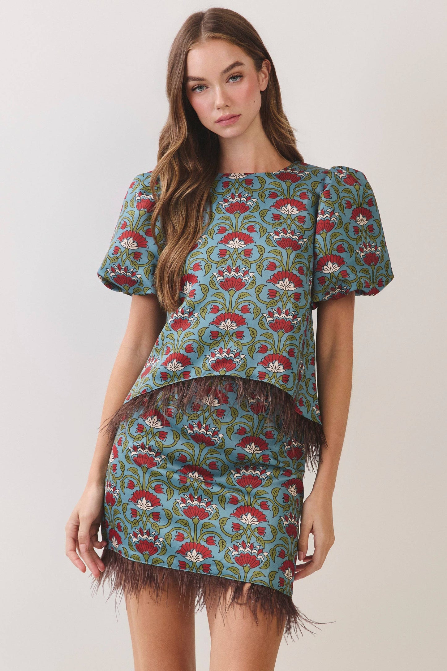 TCEC Floral Print Feather Trim Top