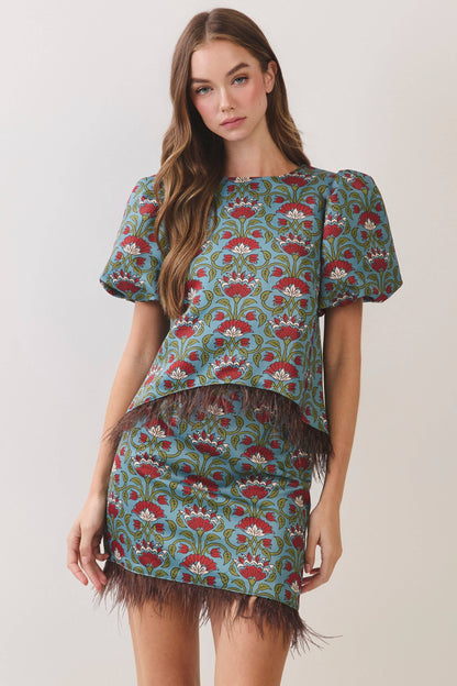 TCEC Floral Print Feather Trim Top