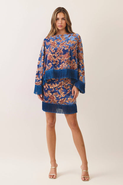TCEC Ornate Floral Print Fringe Trim Poncho