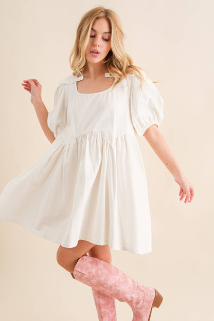 Puff Pleated Bow Tie Babydoll Dress