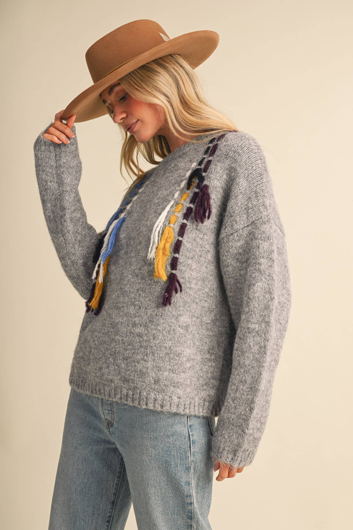 &MERCI Hand Stitched Fringe Accent Sweater