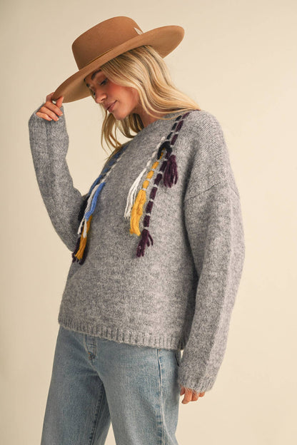 &MERCI Hand Stitched Fringe Accent Sweater