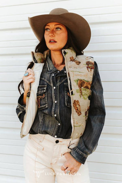 Jacquard Woven Horse Zip-Up Puffer Jacket