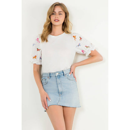 Embroidered Textured Puff Sleeve Top