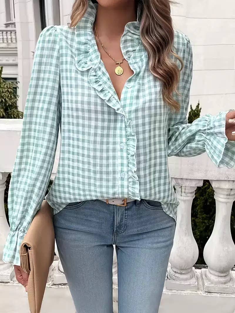 Ruffled Shirt Long-sleeve Plaid Blouse