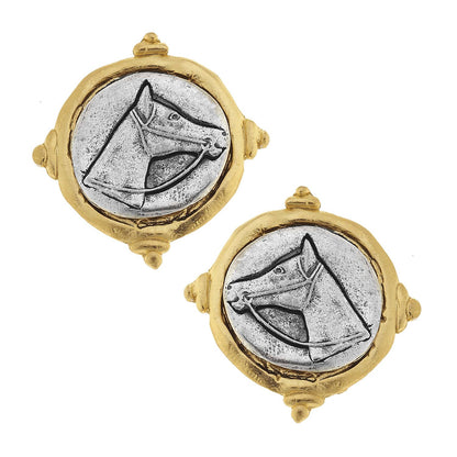 Susan Shaw Gold and Silver Intaglio Horse Pierced Earrings