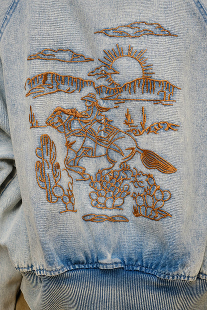 Western Embroidered Denim Bomber Jacket