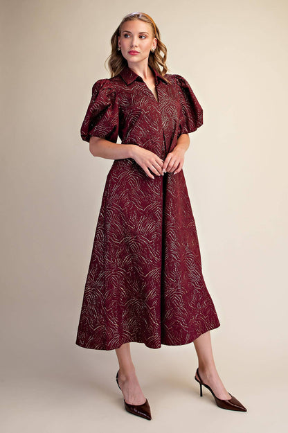 Puff Sleeve Pleated Lurex Midi Dress