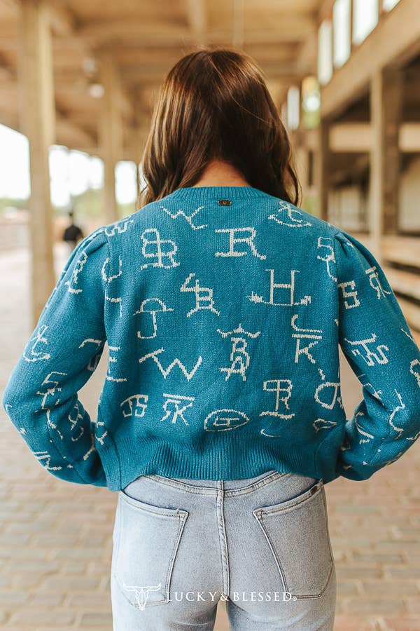 LUCKY & BLESSED Teal Cattle Brand Knit Cardigan