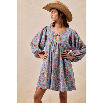 Washed Floral Denim Front Tied Dress