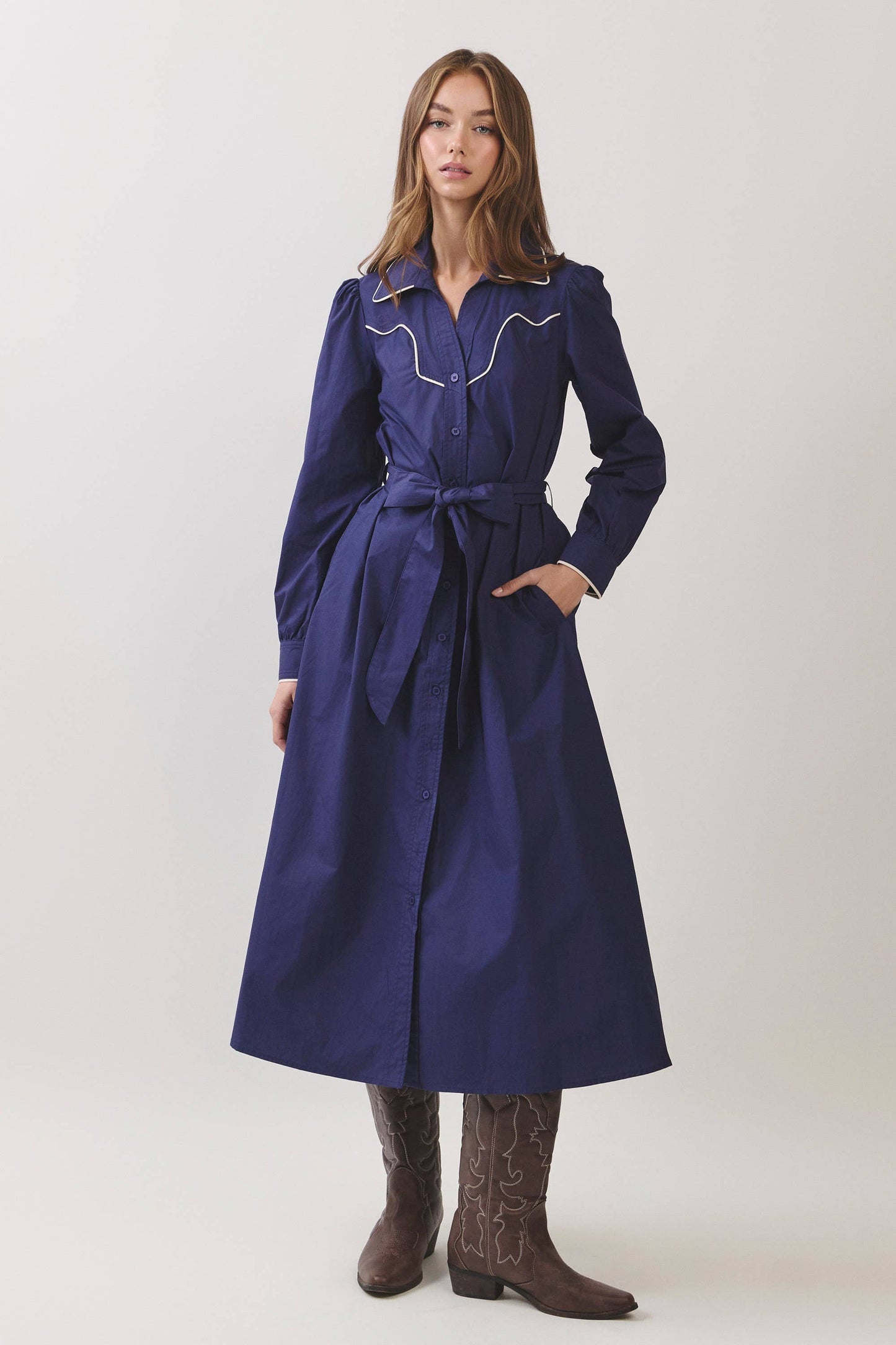 TCEC Contrast Piped Shirt Midi Dress